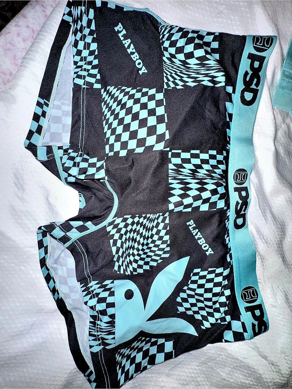 PSD x Playboy Warp Checks Bralette and Boyshort Set Black & Teal Blue XL - Picture 3 of 12